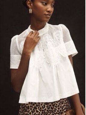 Anthropologie White Crochet-Paneled Short Sleeve Blouse